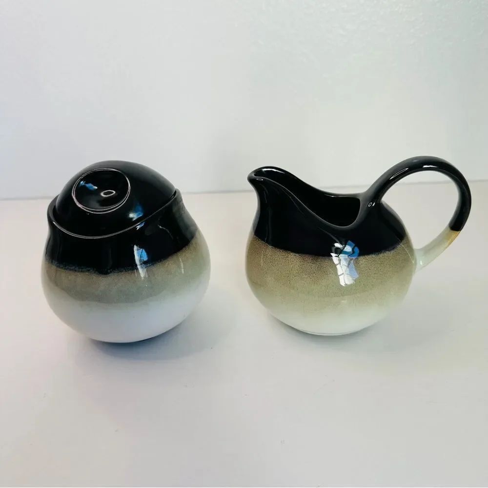 Sango Nova Black 4932 Creamer Pitcher & Sugar Dish w/ Lid - Tea/Coffee Flea Bite